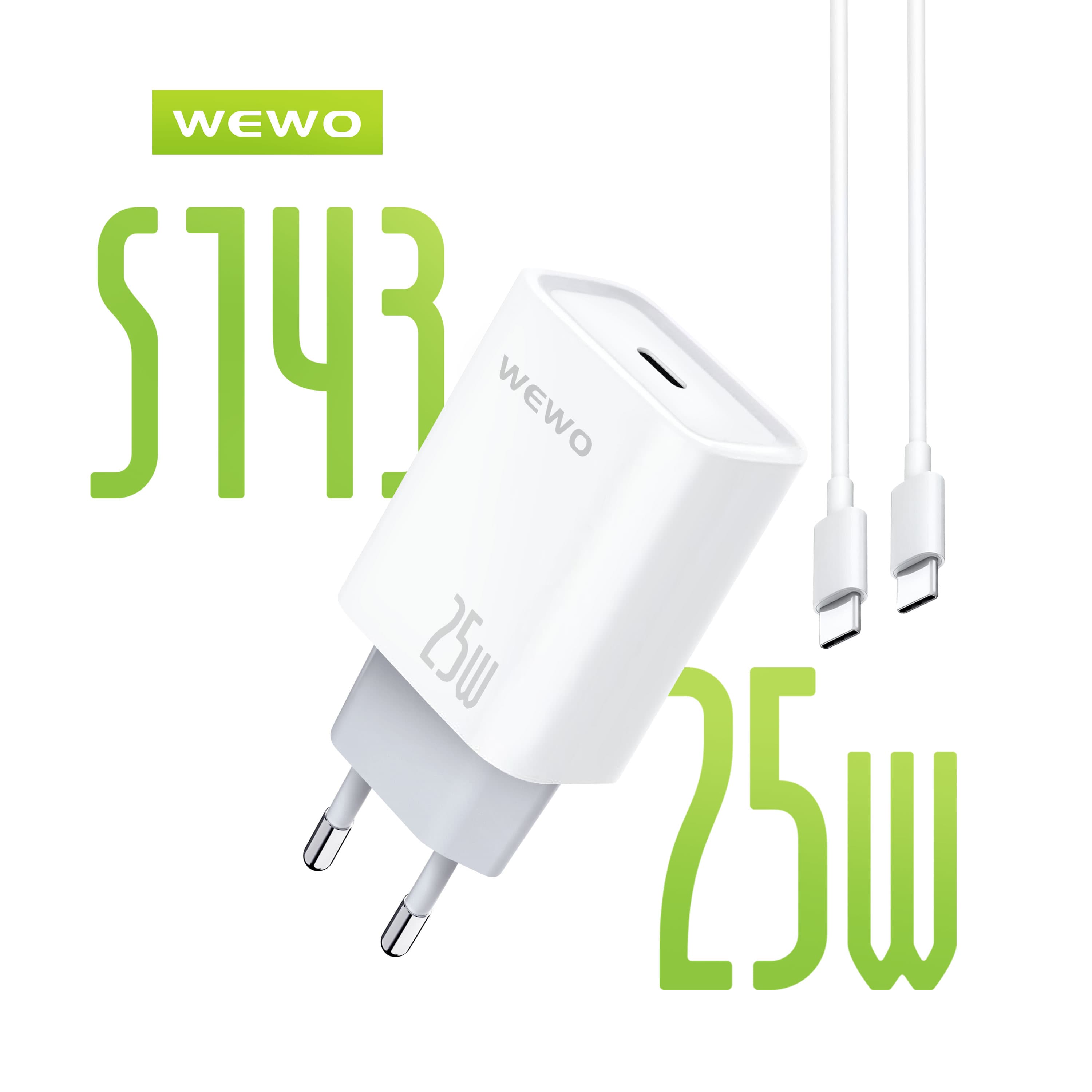 WEWO S143 SUPER FAST PD Punjač 25W/3A + Type-C na Type-C data kabel (beli)