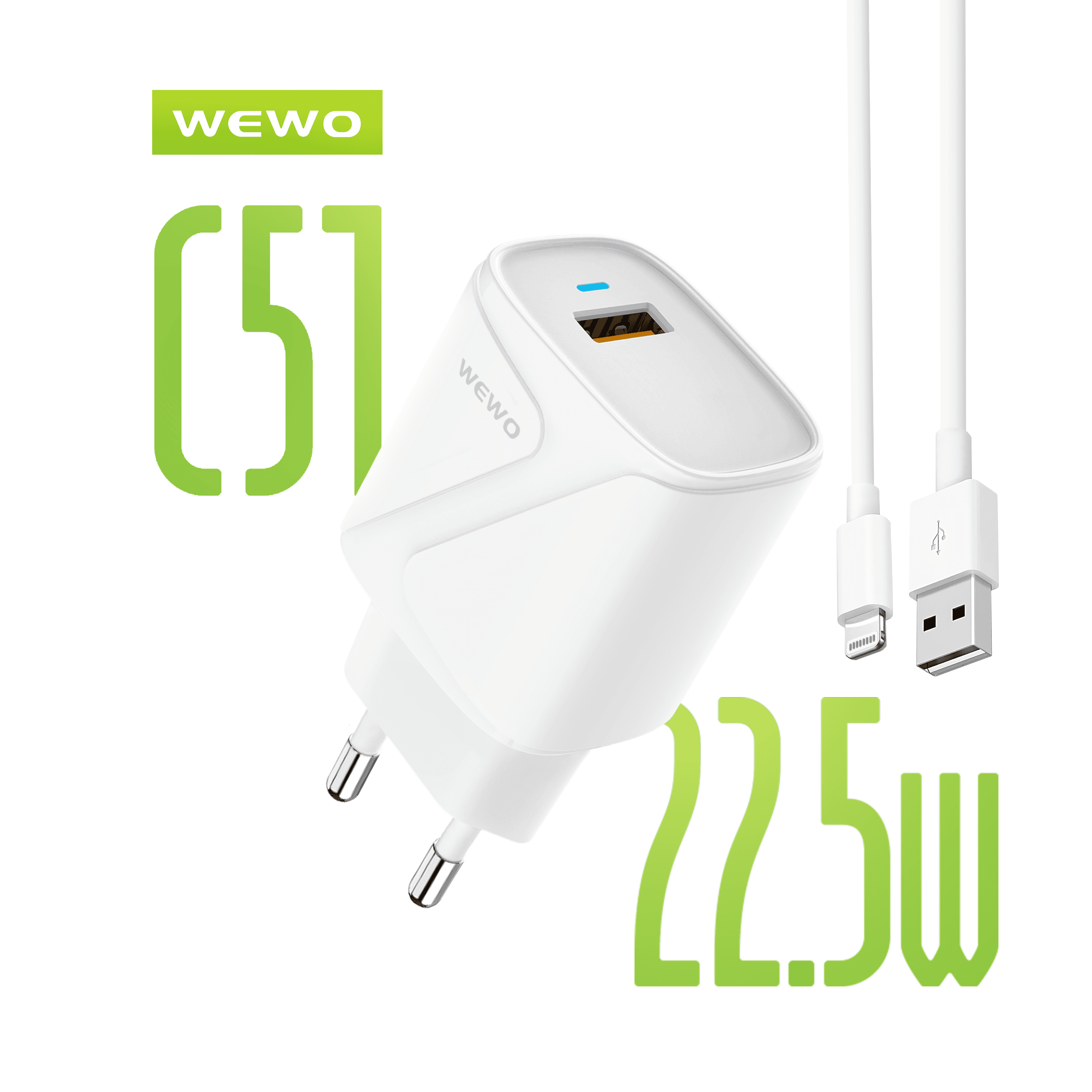 WEWO C51 FAST USB Punjač QC 22.5W/3A + Lightning USB data kabel (beli)