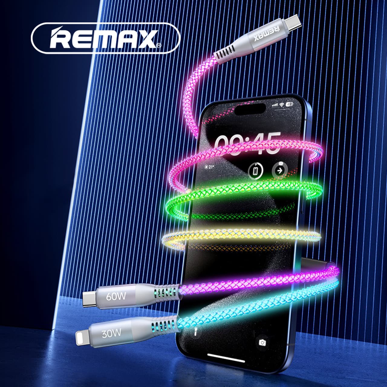 USB Data Cable REMAX RC-C003 FANTASY 65W FAST CHARGE 2in1 Type-C na Type-C + iPhone LUMINOUS svetleći 1.2m