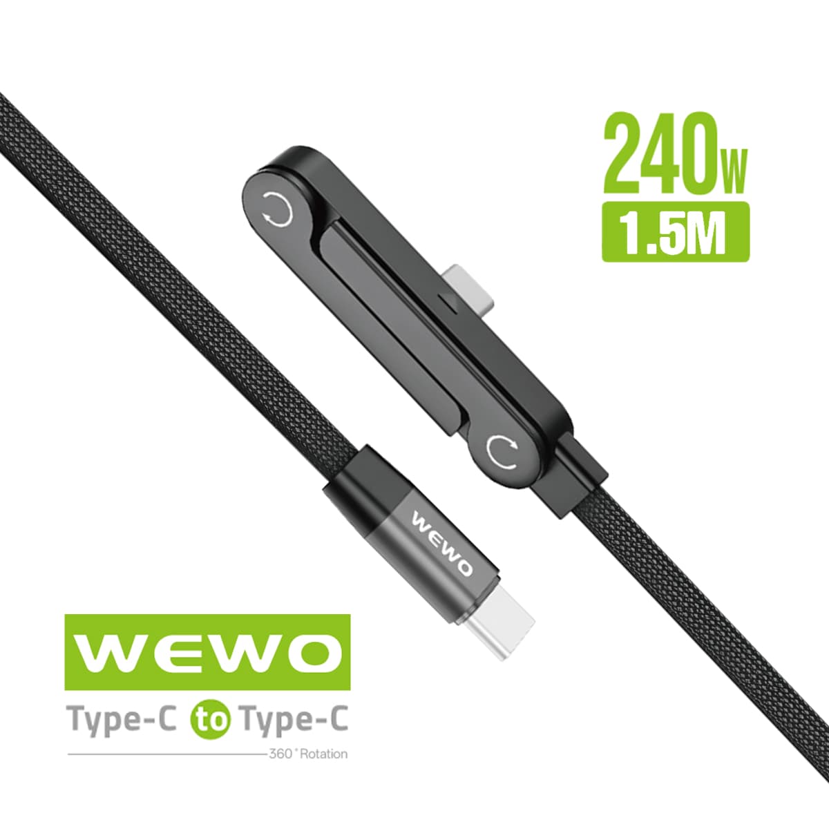 USB Data Cable WEWO textile sa stalkom FAST PD 240W/12A Type C na Type C crni 1.5m