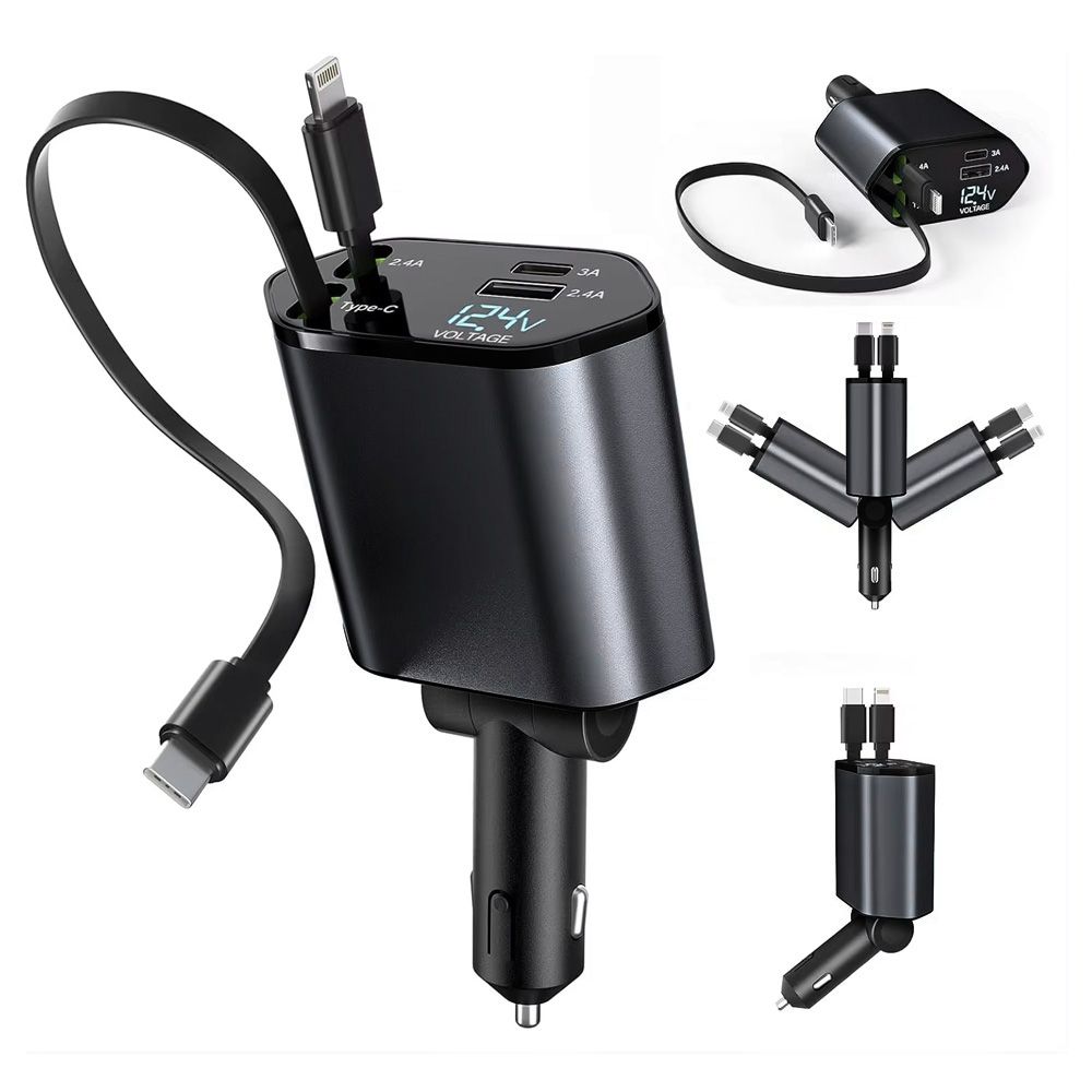 Punjač — Auto C1 4u1 PD 3A, USB 2.4A 120W total sa Type, tamno sivi