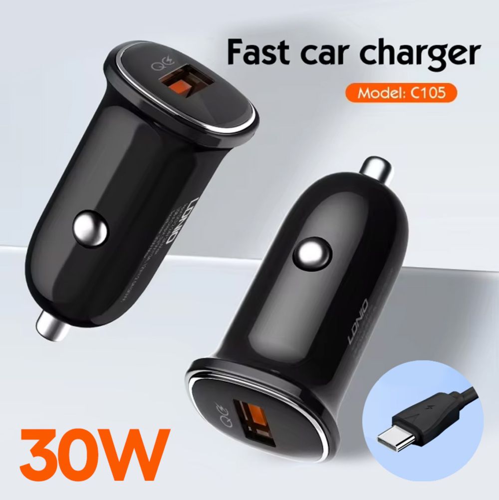 Punjač — Auto Ldnio C105, QC3.0, 30W USB Type C, crni
