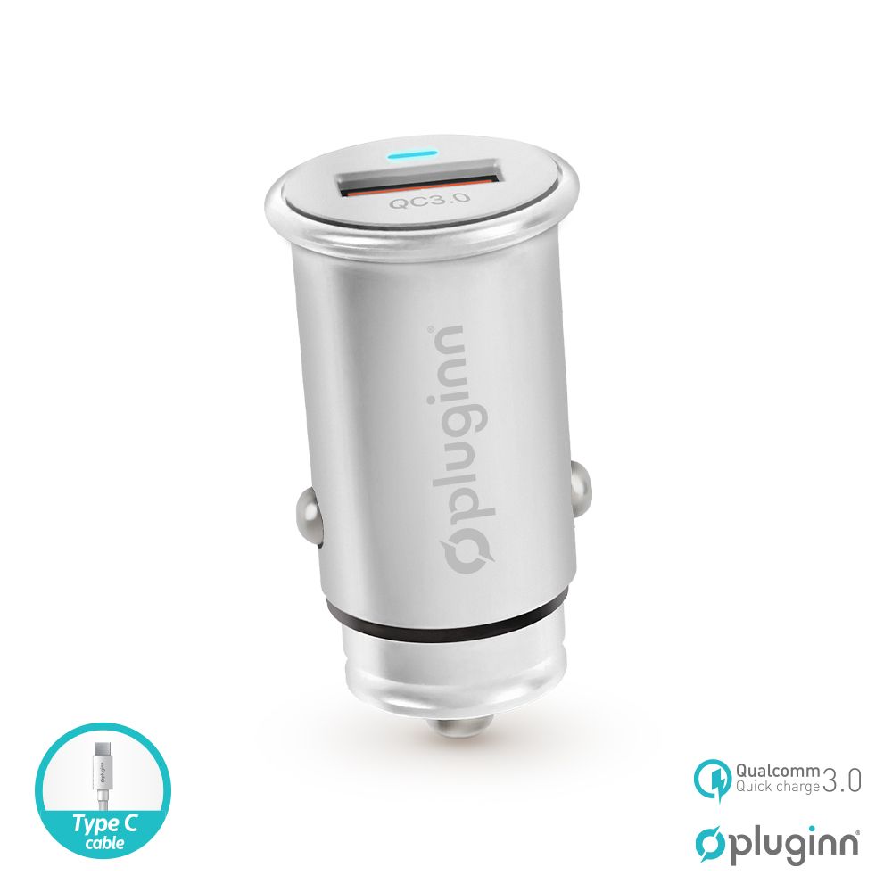 Punjač — Auto Pluginn PI-20 QC 3.0, 3A, 18W, sa Type C kablom, srebrni
