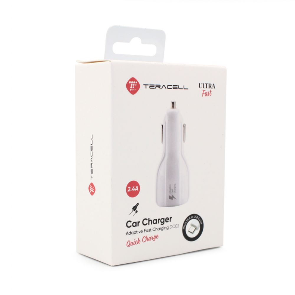 Punjač — Auto Teracell Ultra DC02 QC 2.4A sa micro USB kablom, beli