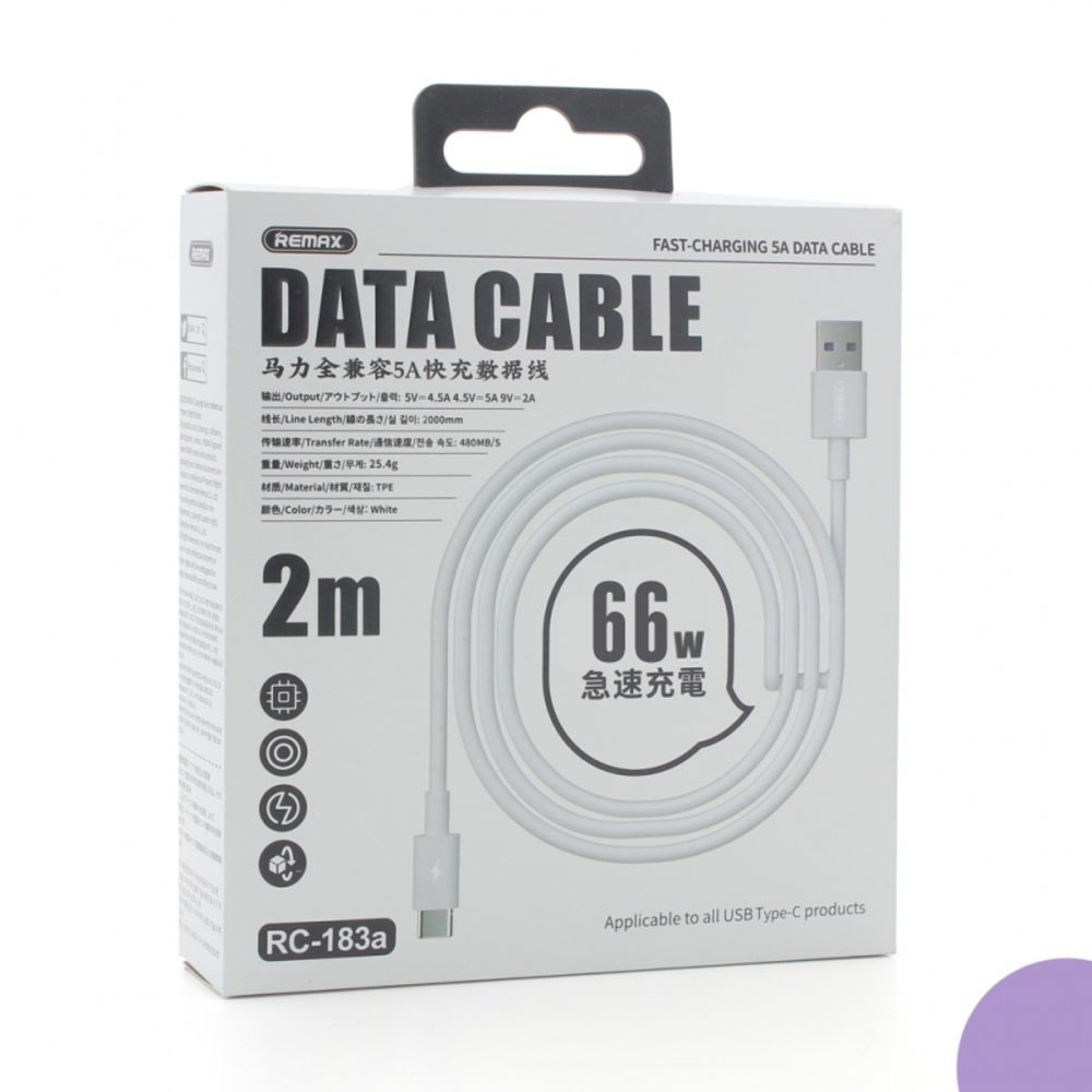 Kabl — Data Remax RC-183a 66W 6A Type C 2m, beli