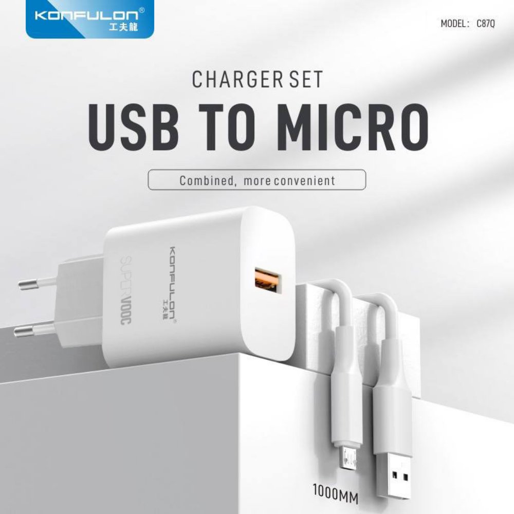Punjač — Kucni Konfulon C87Q, 3A, 25W, sa micro USB kablom, beli