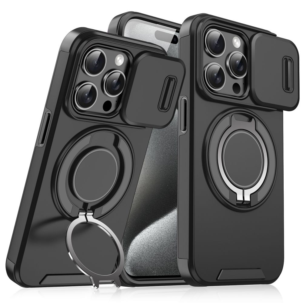 Maska za Apple iPhone 15 Pro — CamShield Ring stand, crna