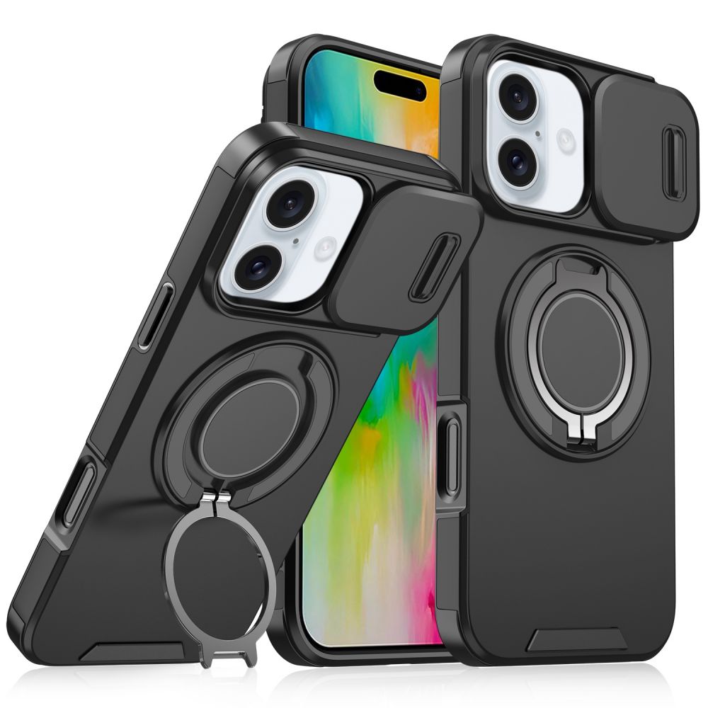 Maska za Apple iPhone 16 — CamShield Ring stand, crna