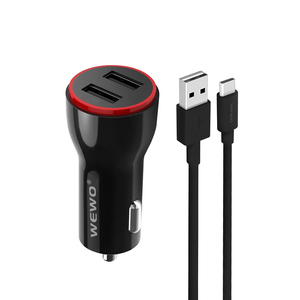 Punjač za Apple iPhone 11 — Wewo C-11 Auto 2XUSB 2.4A Type-C USB cable, crni