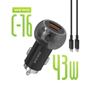 Punjač za Apple iPhone 16 — Wewo C-16 Auto PD USB 43W/3A sa Type C na Type C, crni