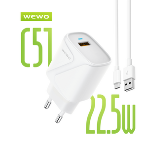 Punjač — Wewo C51 Fast USB QC 22.5W/3A Type-C USB data kabel, beli