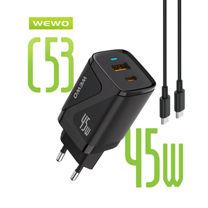 Punjač — Wewo C53 PD+USB QC 45W/3A Type-C to Type-C data, crni