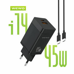 Punjač — Wewo i14 PD+USB QC 45W/3A Type-C to Type-C data, crni