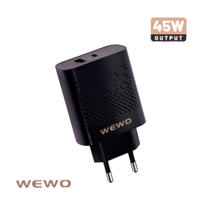 Punjač — Wewo PD+USB QC 45W/3A, crni