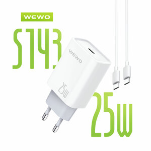 Punjač — Wewo S143 Super Fast PD 25W/3A Type-C na Type-C, beli
